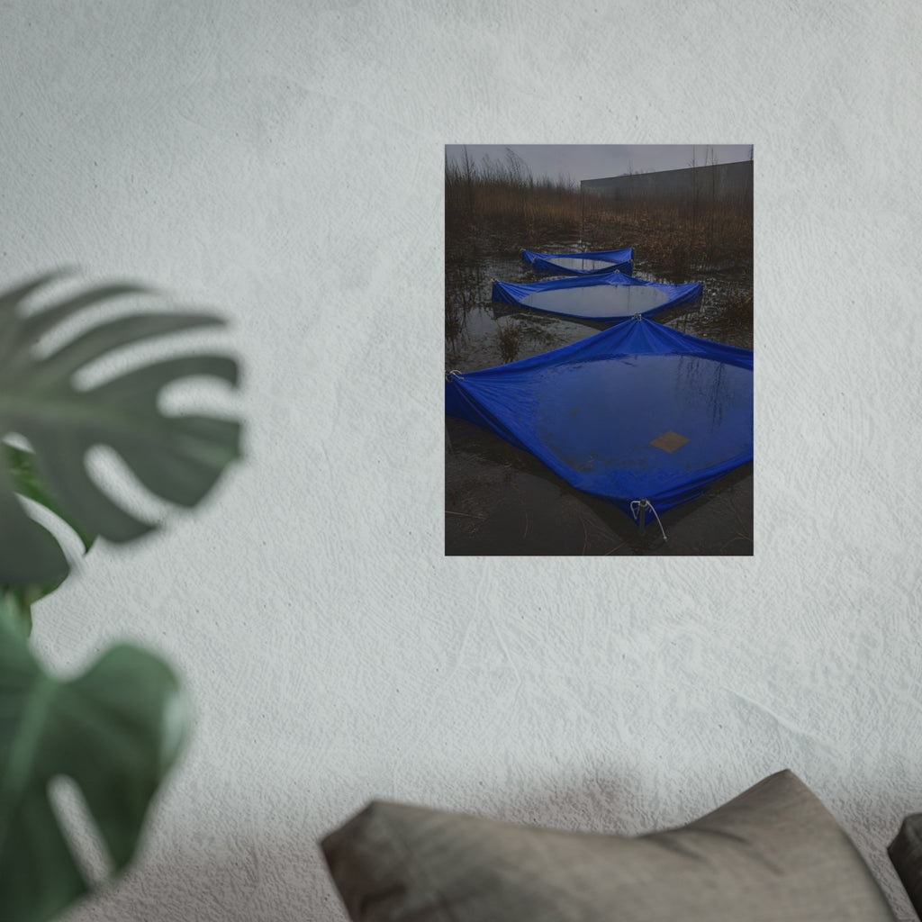 Three blue tarps holding pooled rainwater in a weedy vacant lot. Flooded in the Vacant Lot by Garabaggio, fine art print hanging in a room.