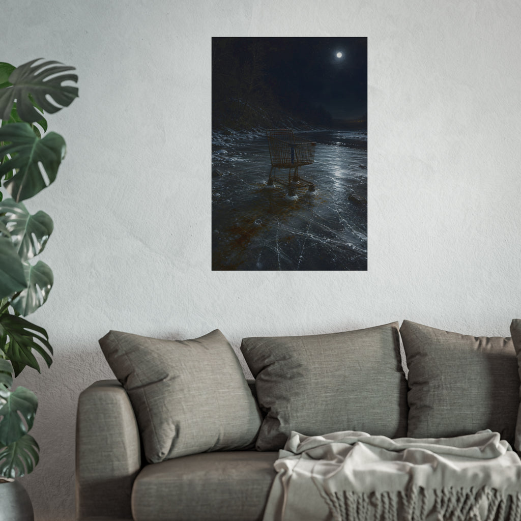 A rusted shopping cart frozen into moonlit river ice. The Wintering in the Ice by Garabaggio, fine art print hanging in a room.