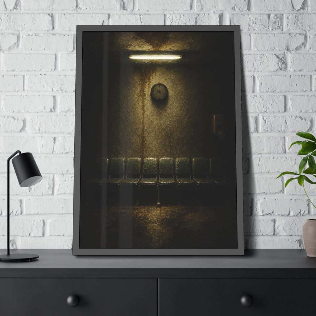 Eight worn seats in a row under a wall clock and one fluorescent tube. Eight Seats and a Clock by Garabaggio, framed fine art print hanging in a room.