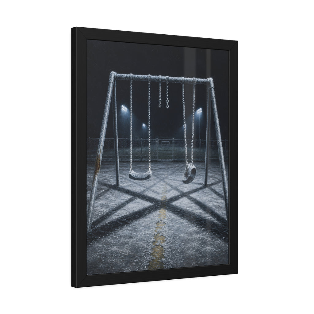 A frost covered swing set on empty asphalt under distant floodlights. The Third Hour: The Coldest Part by Garabaggio, framed fine art print hanging in a room.