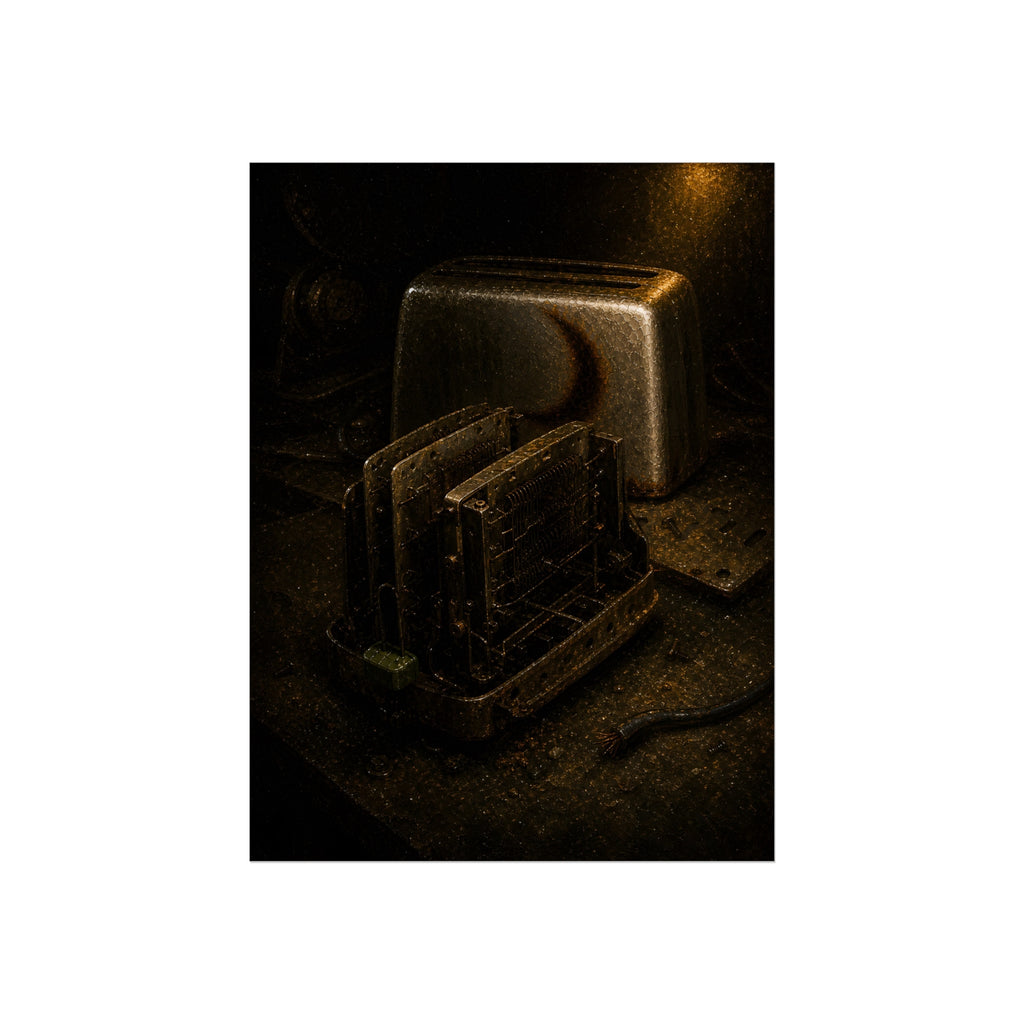 A toaster with its side panel opened to expose the heating elements. The Opening of the Shell by Garabaggio, fine art print, 12″ x 16″.