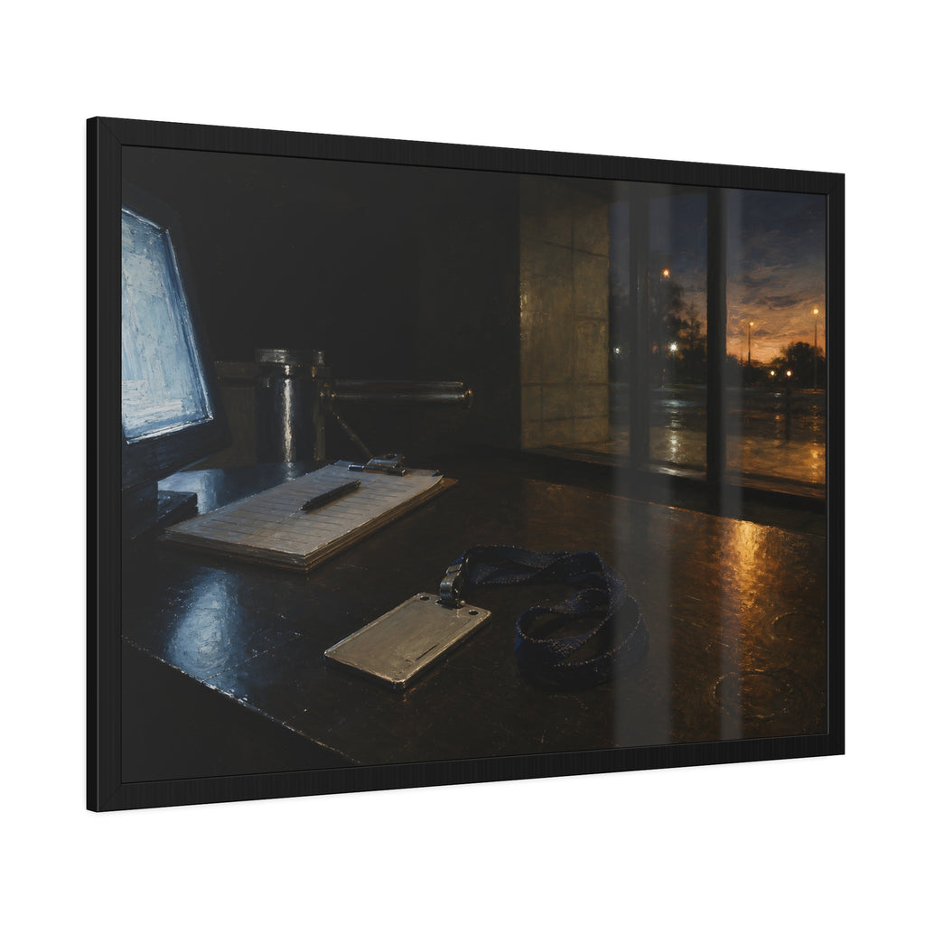 An ID badge and lanyard left on a security desk beside a lit monitor. The Badge on the Security Desk by Garabaggio, framed fine art print hanging in a room.