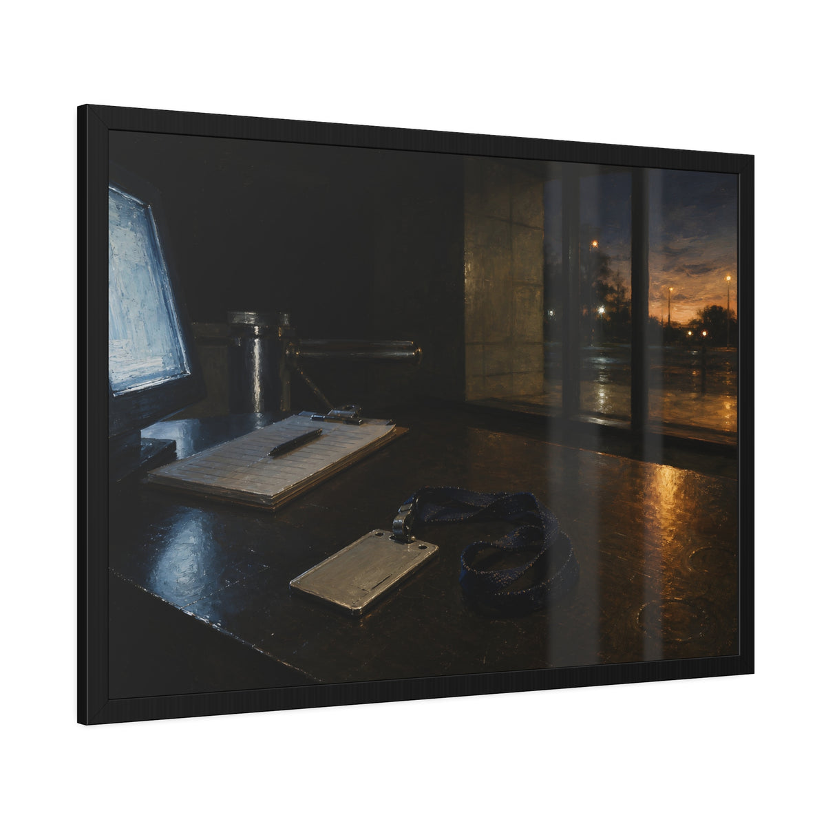 An ID badge and lanyard left on a security desk beside a lit monitor. The Badge on the Security Desk by Garabaggio, framed fine art print hanging in a room.