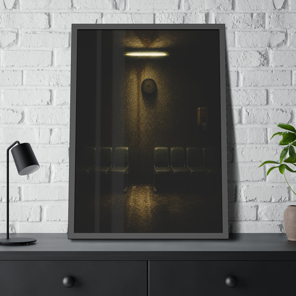 A gap in a row of waiting room chairs below a clock and one strip light. One Chair Removed by Garabaggio, framed fine art print hanging in a room.