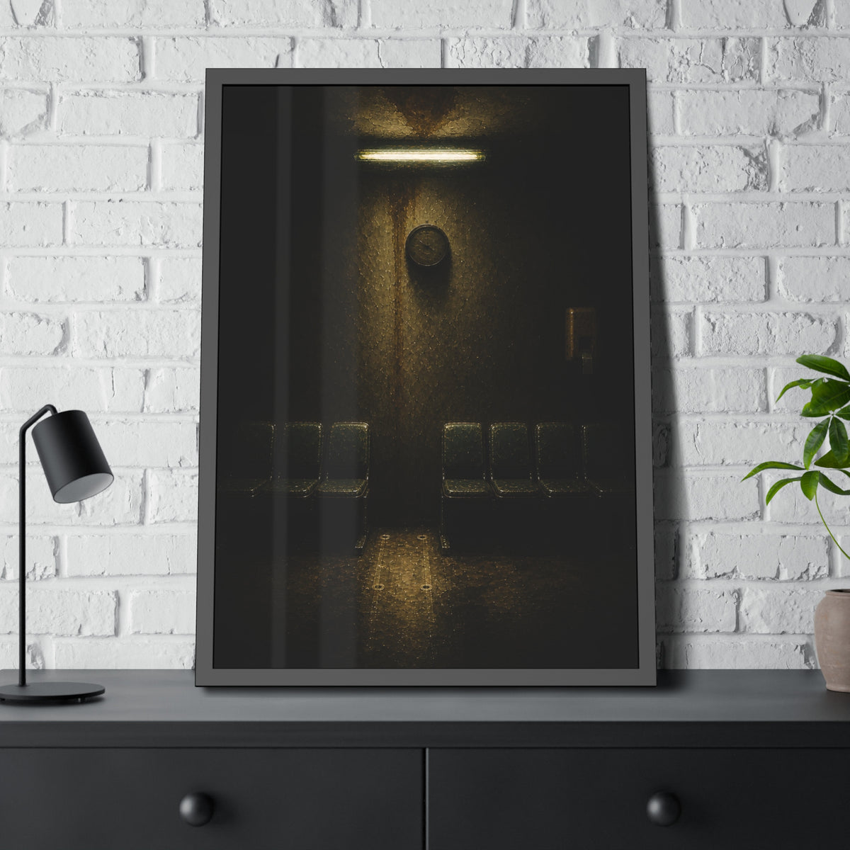 A gap in a row of waiting room chairs below a clock and one strip light. One Chair Removed by Garabaggio, framed fine art print hanging in a room.