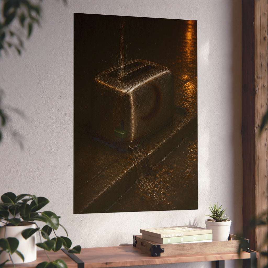 A toaster on a wet curb with water pouring into its slots. Rain Through the Slots by Garabaggio, fine art print hanging in a room.