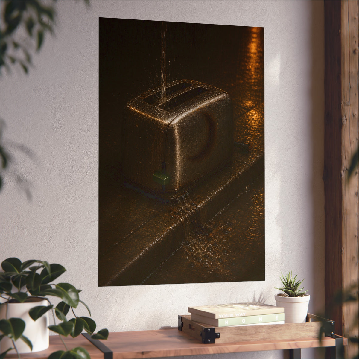 A toaster on a wet curb with water pouring into its slots. Rain Through the Slots by Garabaggio, fine art print hanging in a room.
