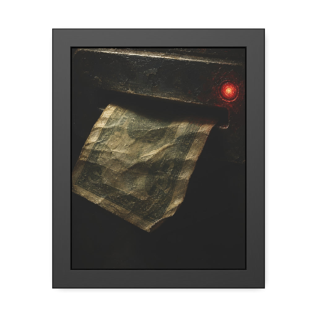 A worn bill pushed back out of a machine slot beside a red light. The Change Machine's Refusal by Garabaggio, framed fine art print, 11″ x 14″.