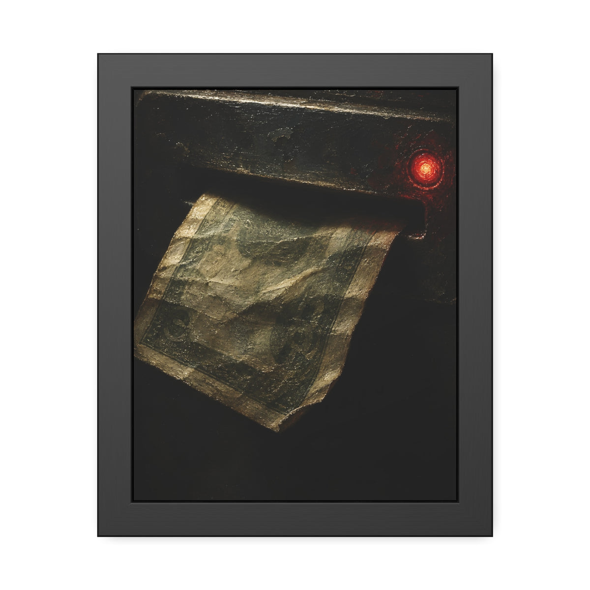 A worn bill pushed back out of a machine slot beside a red light. The Change Machine's Refusal by Garabaggio, framed fine art print, 11″ x 14″.