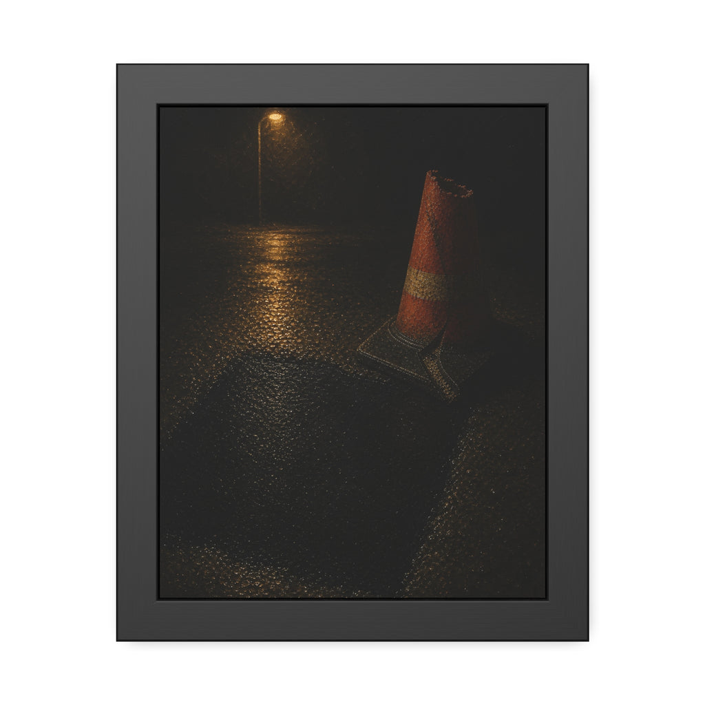 A traffic cone beside a fresh asphalt patch under a street lamp. The Sentinel After Repair by Garabaggio, framed fine art print, 11″ x 14″.