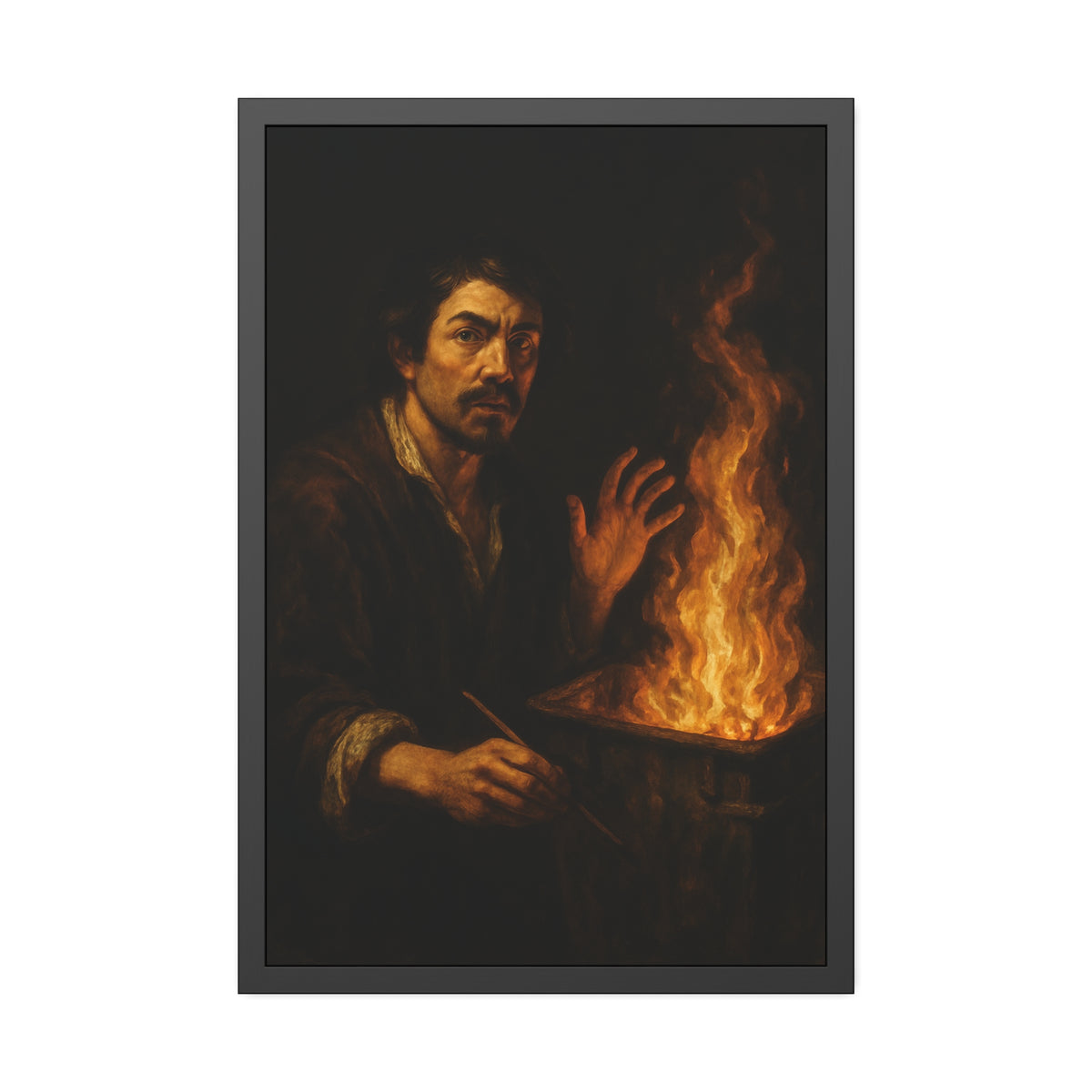 Man holding a paintbrush, his other hand raised beside tall flames. Self-Portrait with Brush and Flame by Garabaggio, framed fine art print hanging in a room.
