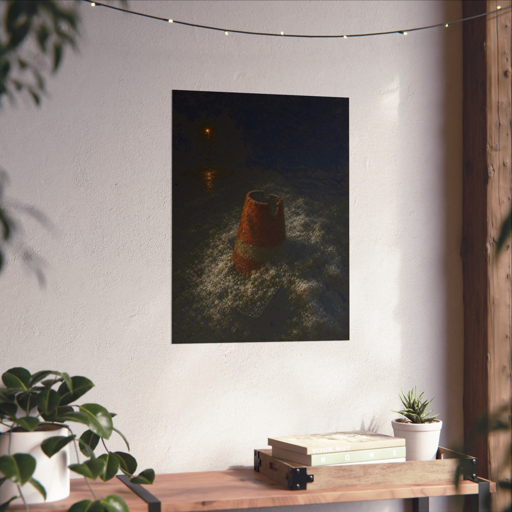 An orange traffic cone half buried in road salt under a distant streetlight. The Burial in Road Salt by Garabaggio, fine art print hanging in a room.
