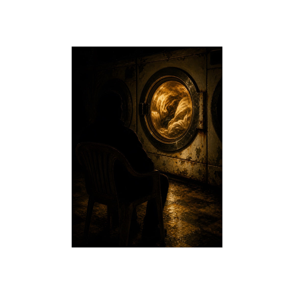 A person seated in a plastic chair facing a lit dryer drum. The Watcher in the Plastic Chair by Garabaggio, fine art print, 12″ x 16″.