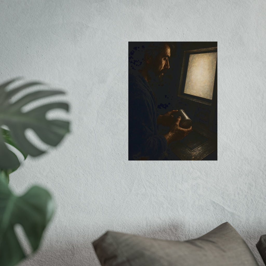 A bearded man holding a dented can before a lit checkout screen. The Item Without Recognition by Garabaggio, fine art print hanging in a room.