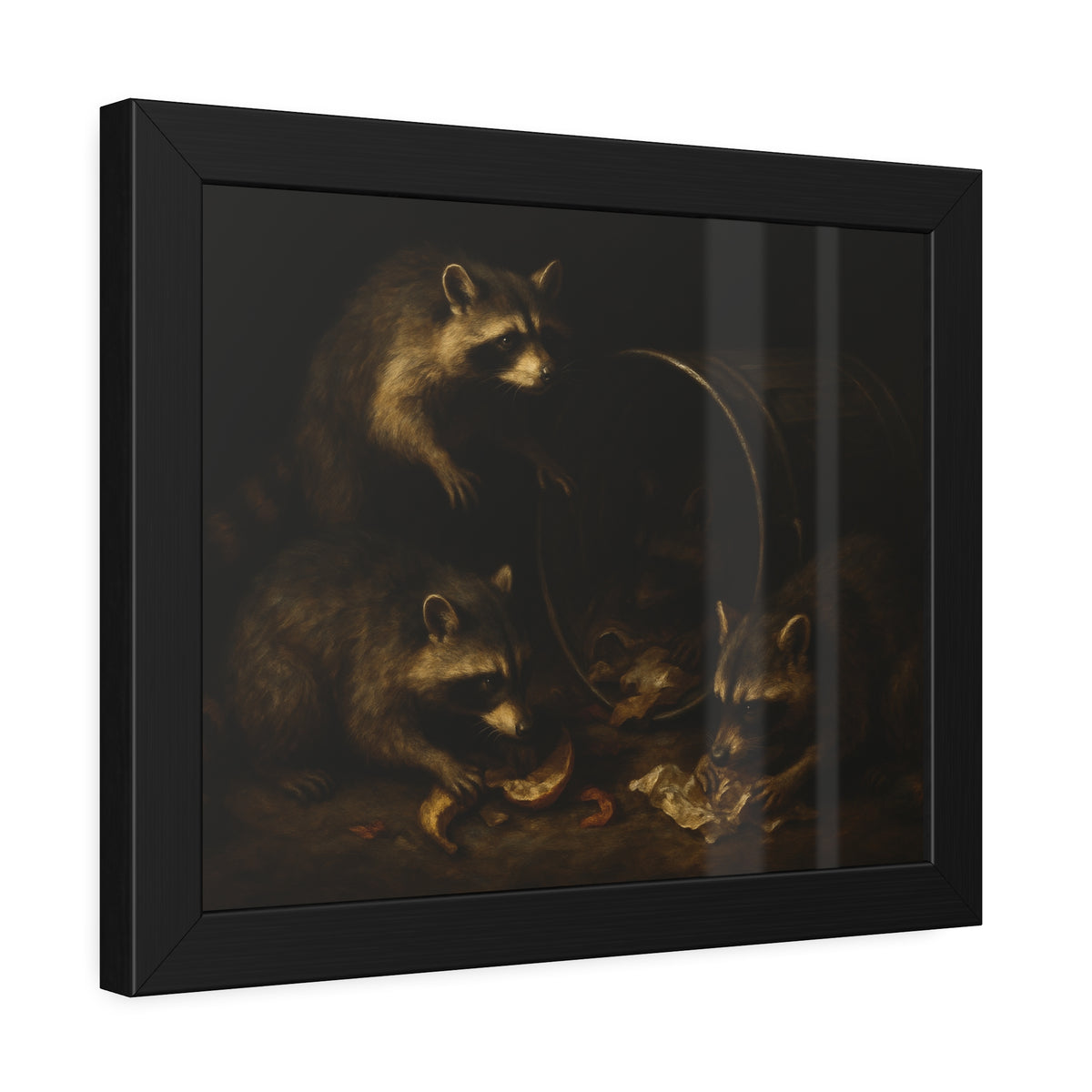 Raccoons at a tipped metal pail, one gnawing a melon rind in the dark. The Supper at the Alleyway by Garabaggio, framed fine art print hanging in a room.