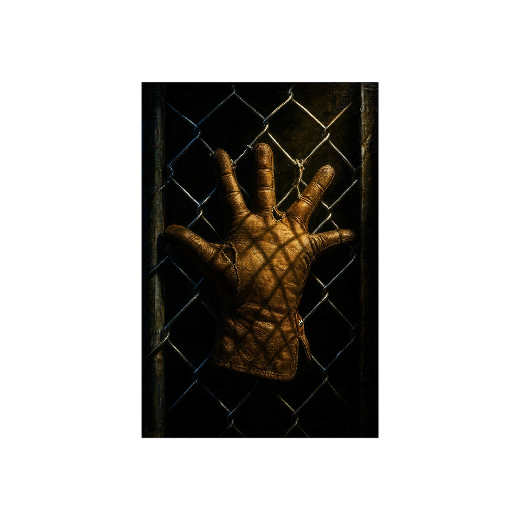 A worn leather glove caught fingers up on a dark chain-link fence. The Crucifixion on Chain-Link by Garabaggio, fine art print hanging in a room.