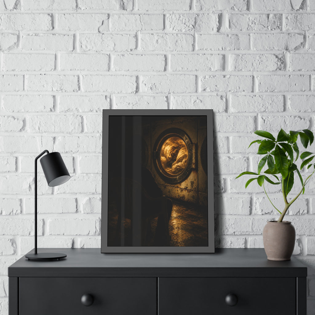 A person seated in a plastic chair facing a lit dryer drum. The Watcher in the Plastic Chair by Garabaggio, framed fine art print hanging in a room.