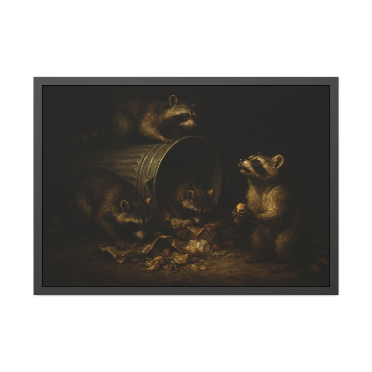Four raccoons around a toppled metal trash can in the dark. The Last Bite by Garabaggio, framed fine art print hanging in a room.