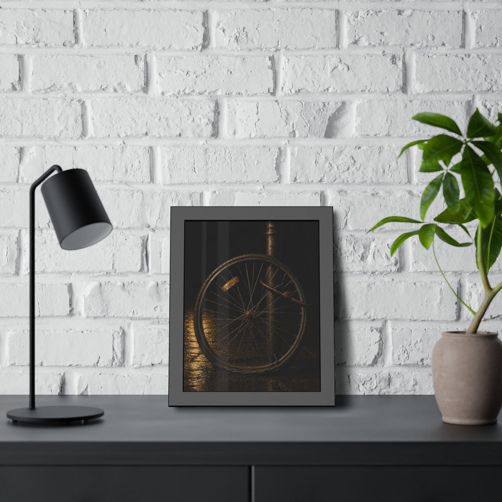 A bent bicycle wheel locked to a post on wet pavement. The Last Lock by Garabaggio, framed fine art print hanging in a room.