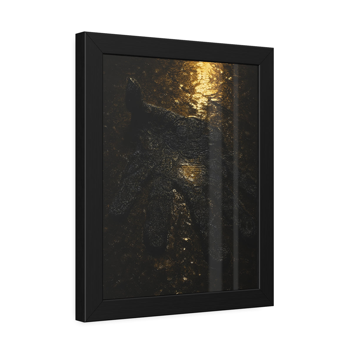 A flattened black glove pressed into wet asphalt beside a light streak. The Flattening, Study No. 1 by Garabaggio, framed fine art print hanging in a room.
