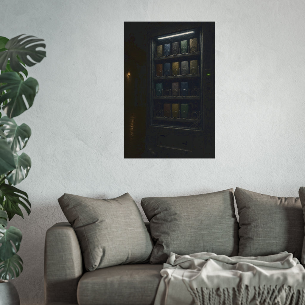 A vending machine with gaps in its rows lighting an empty hallway. The Gaps Spread by Garabaggio, fine art print hanging in a room.