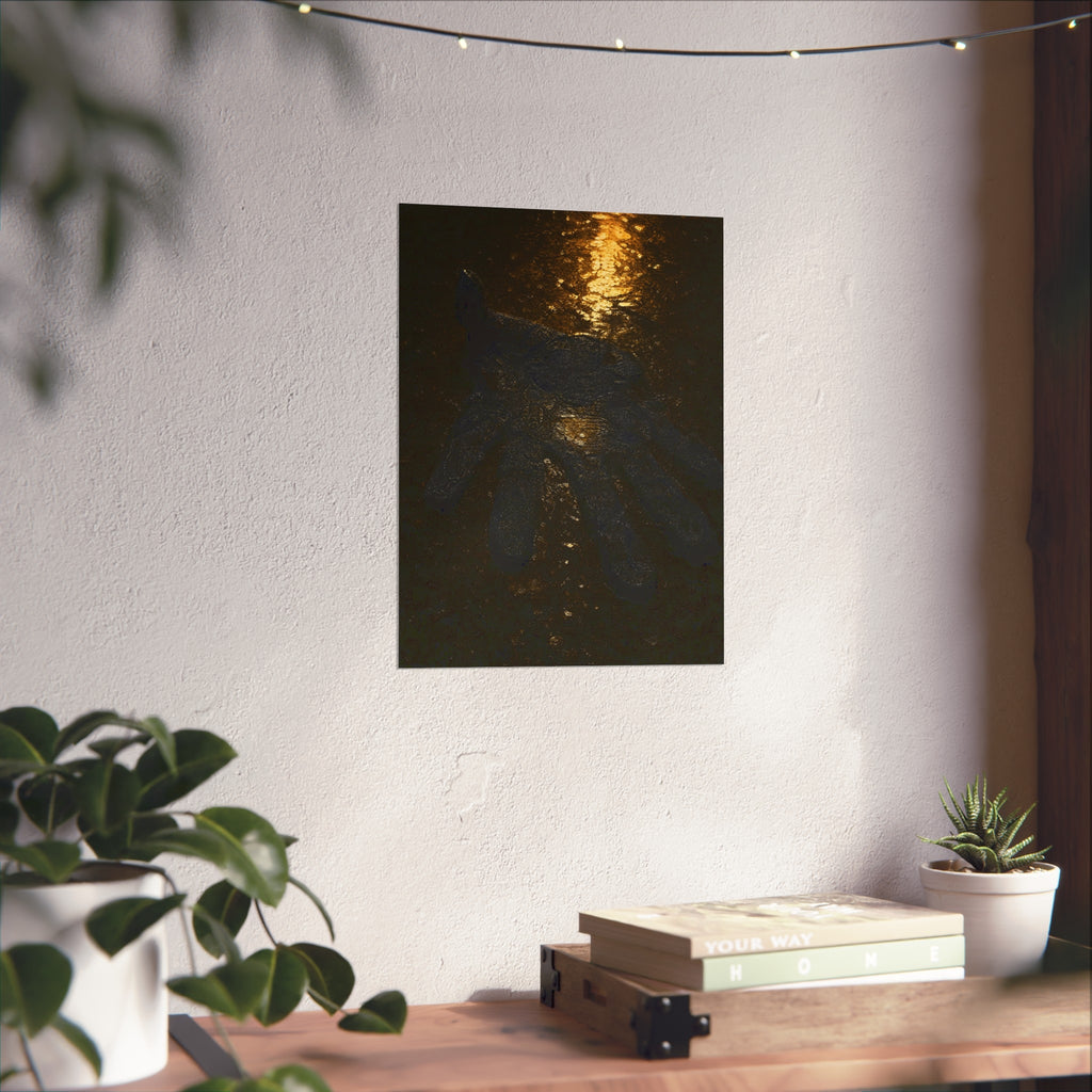 A flattened black glove pressed into wet asphalt beside a light streak. The Flattening, Study No. 1 by Garabaggio, fine art print hanging in a room.