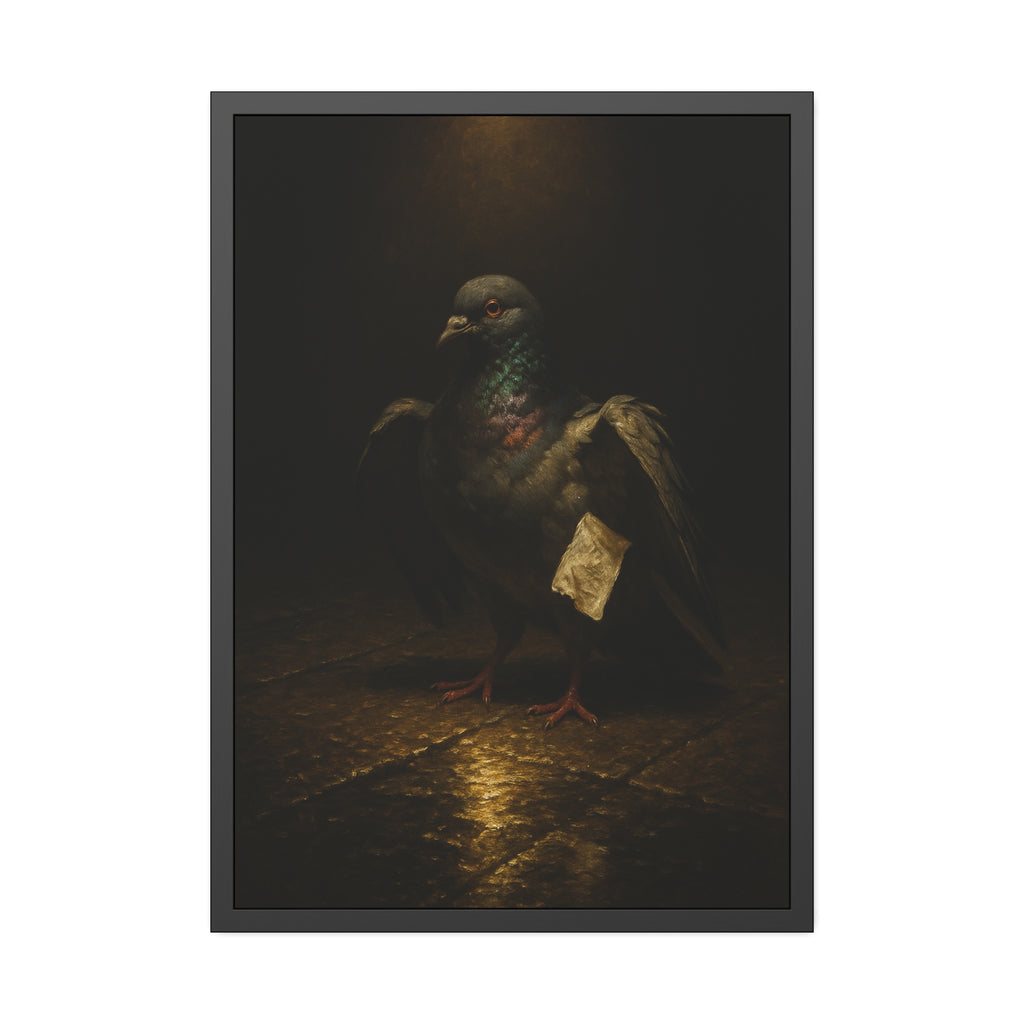 A pigeon with wings half raised, a paper scrap at its side. The Annunciation of the Common Pigeon by Garabaggio, framed fine art print hanging in a room.
