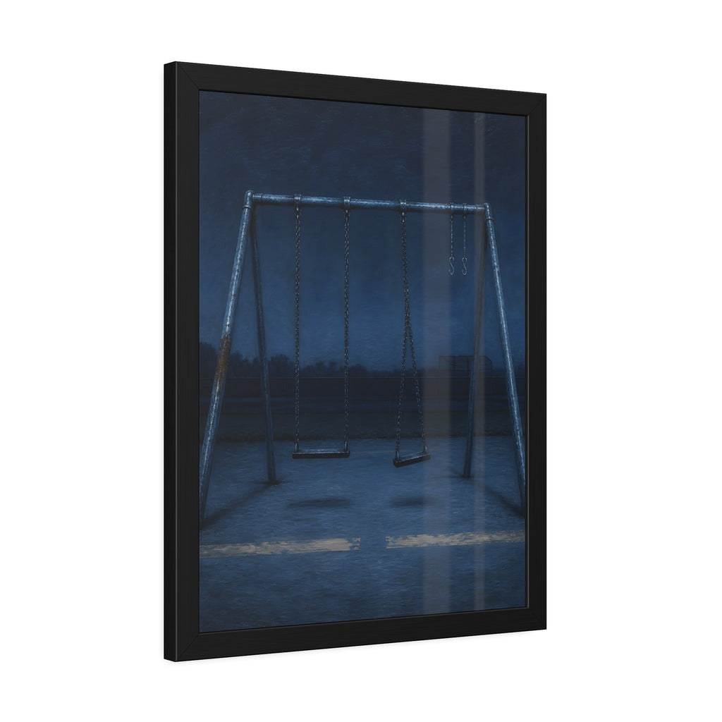 A swing set with two seats and two bare hooks in blue predawn light. The Fifth Hour: The Blue Before by Garabaggio, framed fine art print hanging in a room.