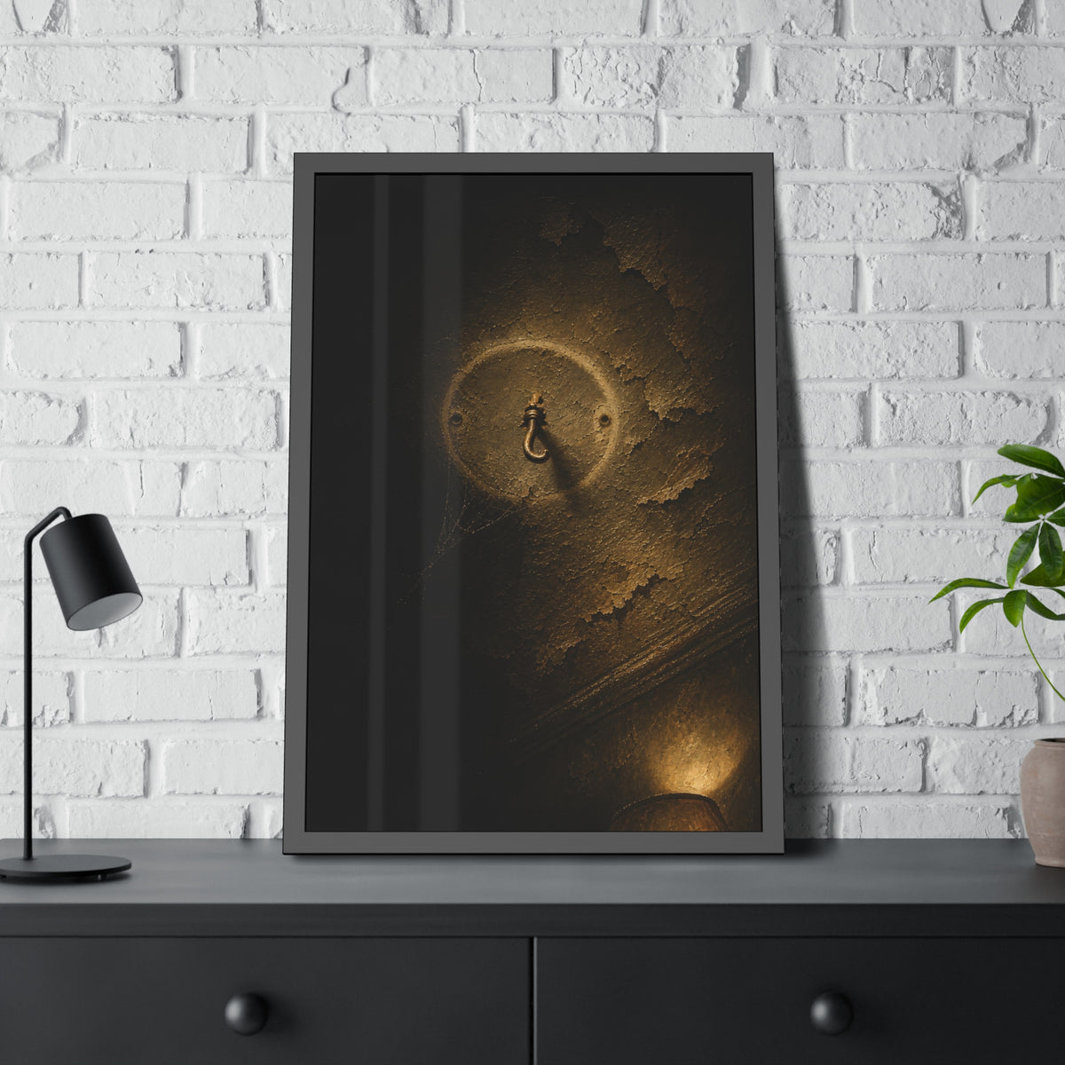 A small empty hook on a cracked ceiling, lit from one side. The Hook Without a Burden by Garabaggio, framed fine art print hanging in a room.
