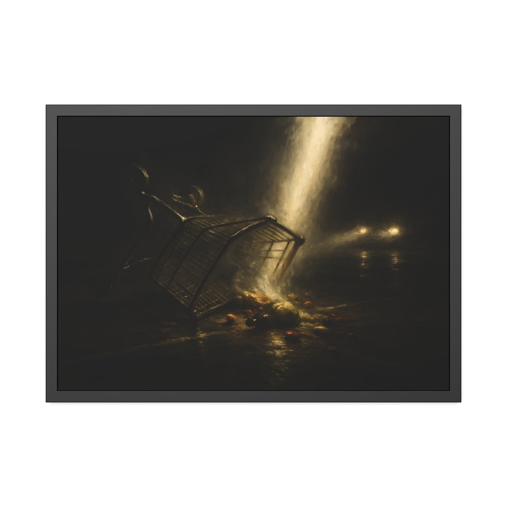 A tipped shopping cart spilling groceries in a shaft of light. The Conversion of the Shopping Cart by Garabaggio, framed fine art print hanging in a room.