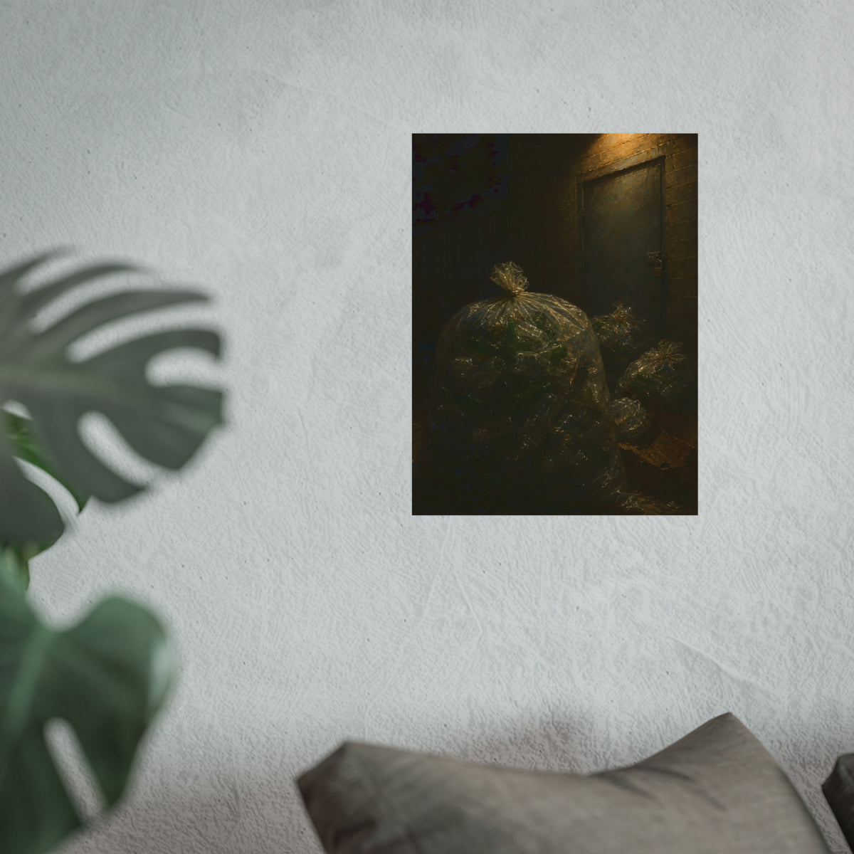 Clear bags of empty bottles piled by a padlocked door under a wall lamp. The Gathering of Empties by Garabaggio, fine art print hanging in a room.