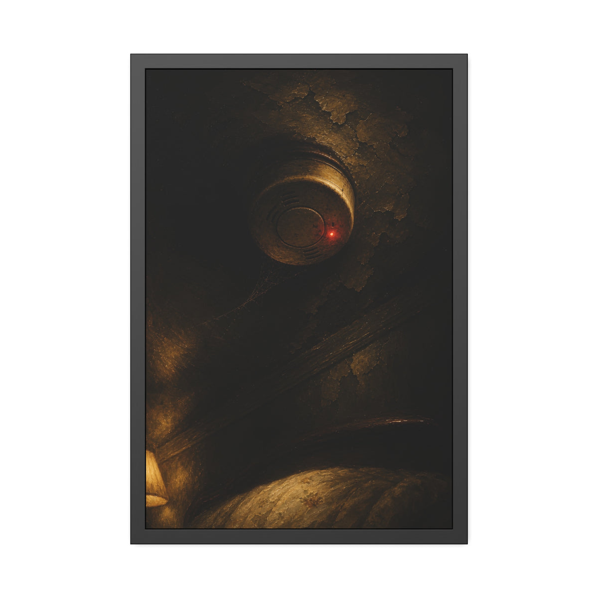 A smoke detector on a stained ceiling, its red light on, cobweb below. The Watch Above Sleep by Garabaggio, framed fine art print, 24″ x 36″.