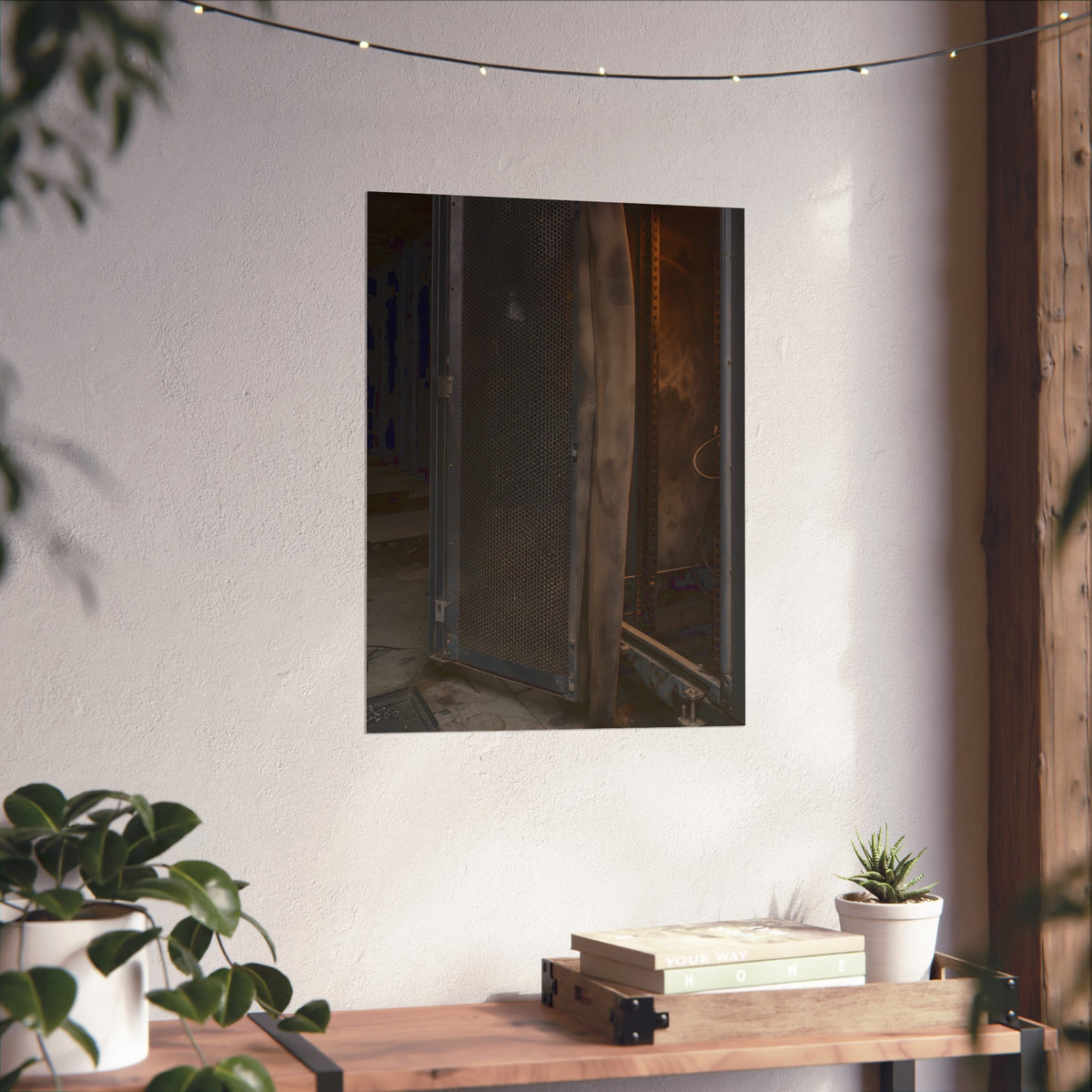 An open server rack cabinet with a mesh door and warm glow inside. The Heat Behind the Doors by Garabaggio, fine art print hanging in a room.
