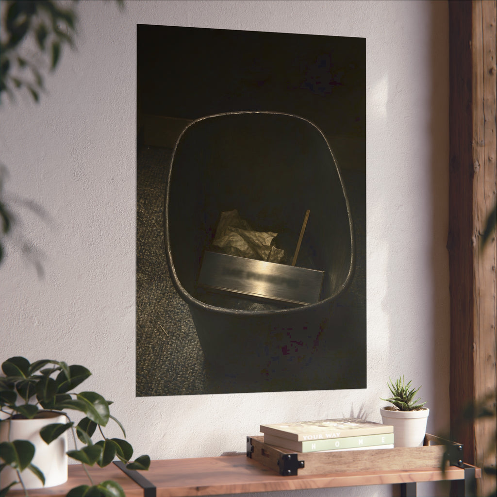 A metal nameplate lying in a black office waste bin on grey carpet. The Nameplate in the Waste Bin by Garabaggio, fine art print hanging in a room.