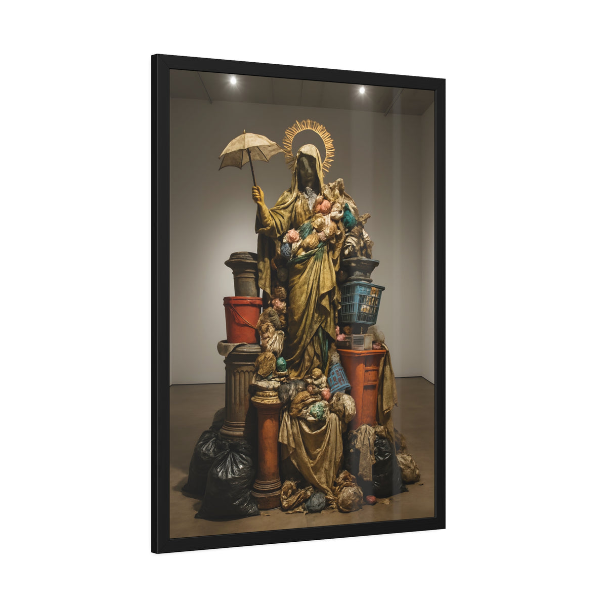 Robed figure with a halo and umbrella rising from trash bags and crates. Our Lady of Perpetual Shelter by Garabaggio, framed fine art print hanging in a room.