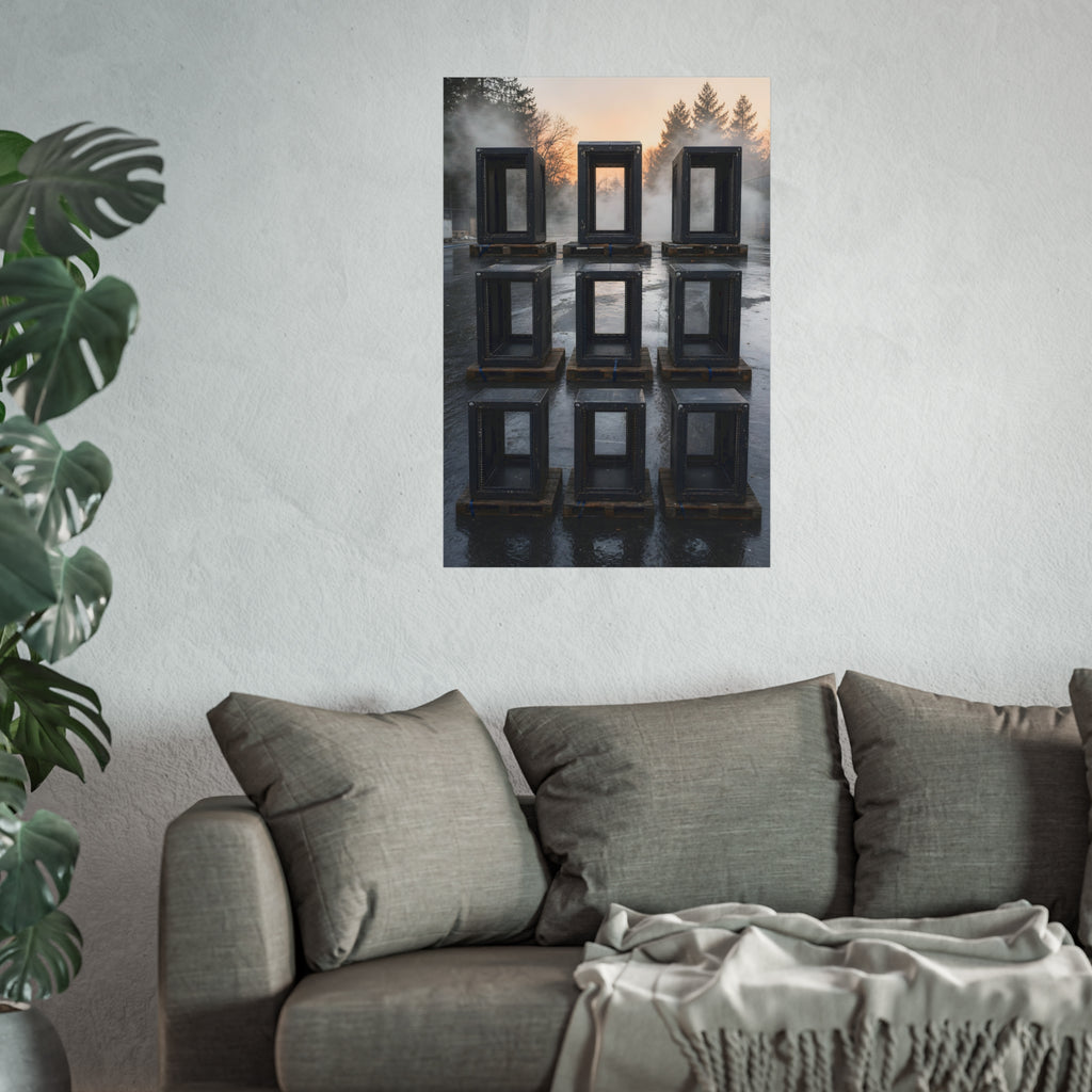 Nine empty black server racks on pallets in a wet lot at dawn. The Racks in the Morning Lot by Garabaggio, fine art print hanging in a room.