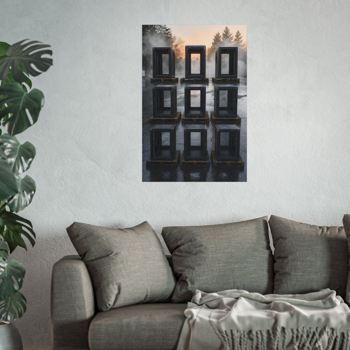 Nine empty black server racks on pallets in a wet lot at dawn. The Racks in the Morning Lot by Garabaggio, fine art print hanging in a room.