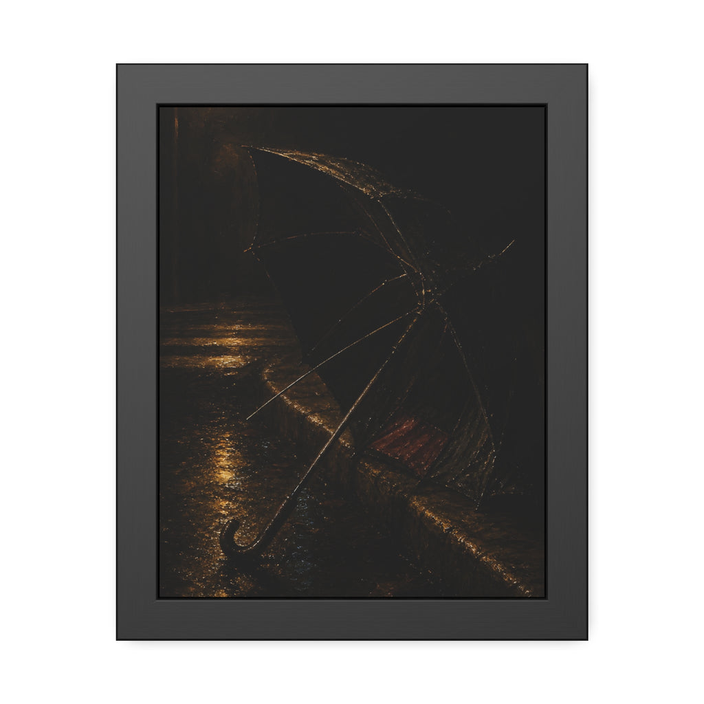 An open umbrella with bent ribs on a wet curb under a street lamp. The Presentation at the Crosswalk by Garabaggio, framed fine art print, 11″ x 14″.