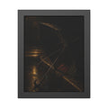 An open umbrella with bent ribs on a wet curb under a street lamp. The Presentation at the Crosswalk by Garabaggio, framed fine art print, 11″ x 14″.