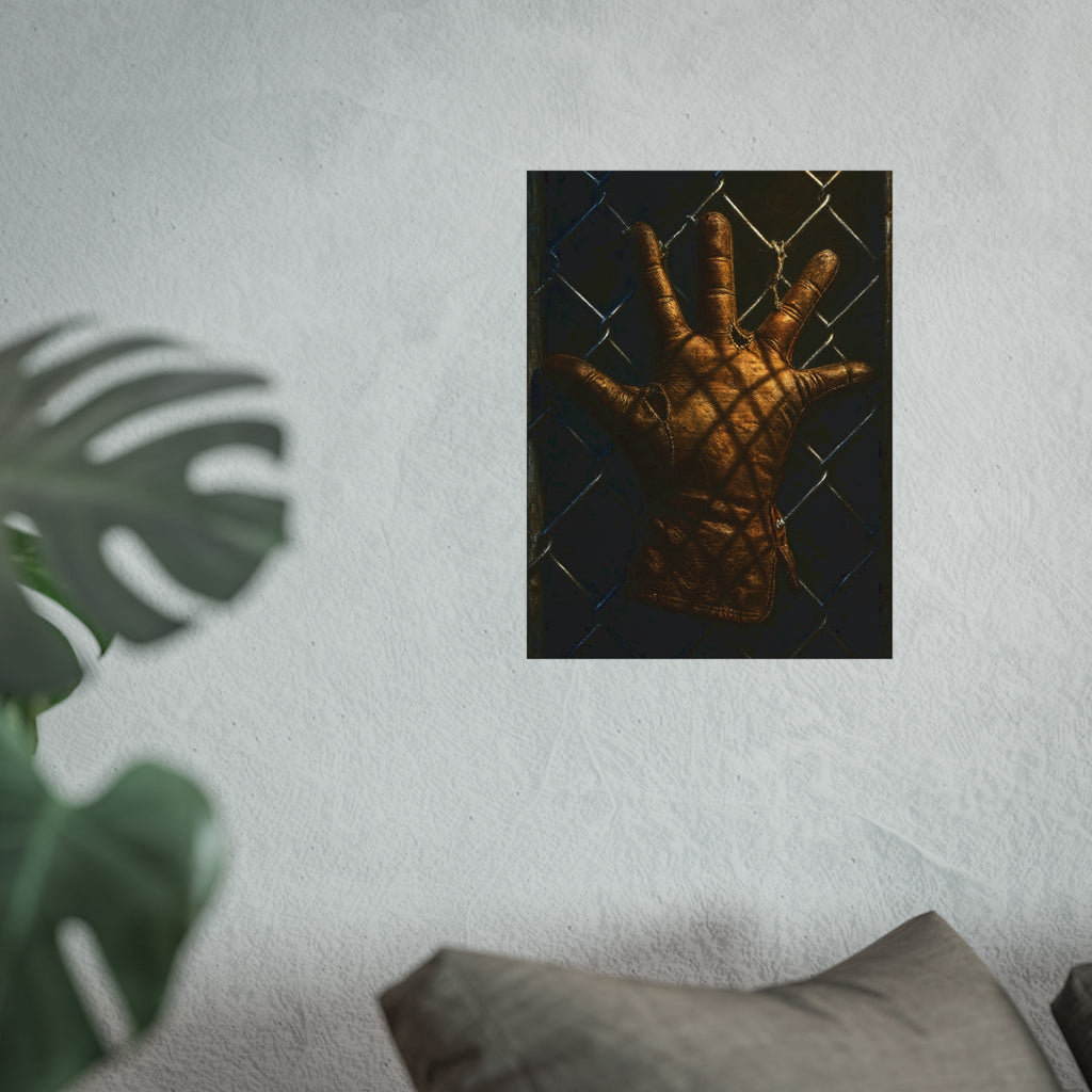 A worn leather glove caught fingers up on a dark chain-link fence. The Crucifixion on Chain-Link by Garabaggio, fine art print hanging in a room.