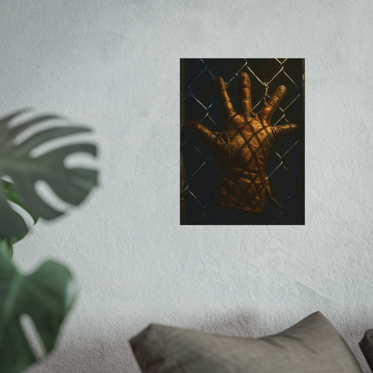 A worn leather glove caught fingers up on a dark chain-link fence. The Crucifixion on Chain-Link by Garabaggio, fine art print hanging in a room.