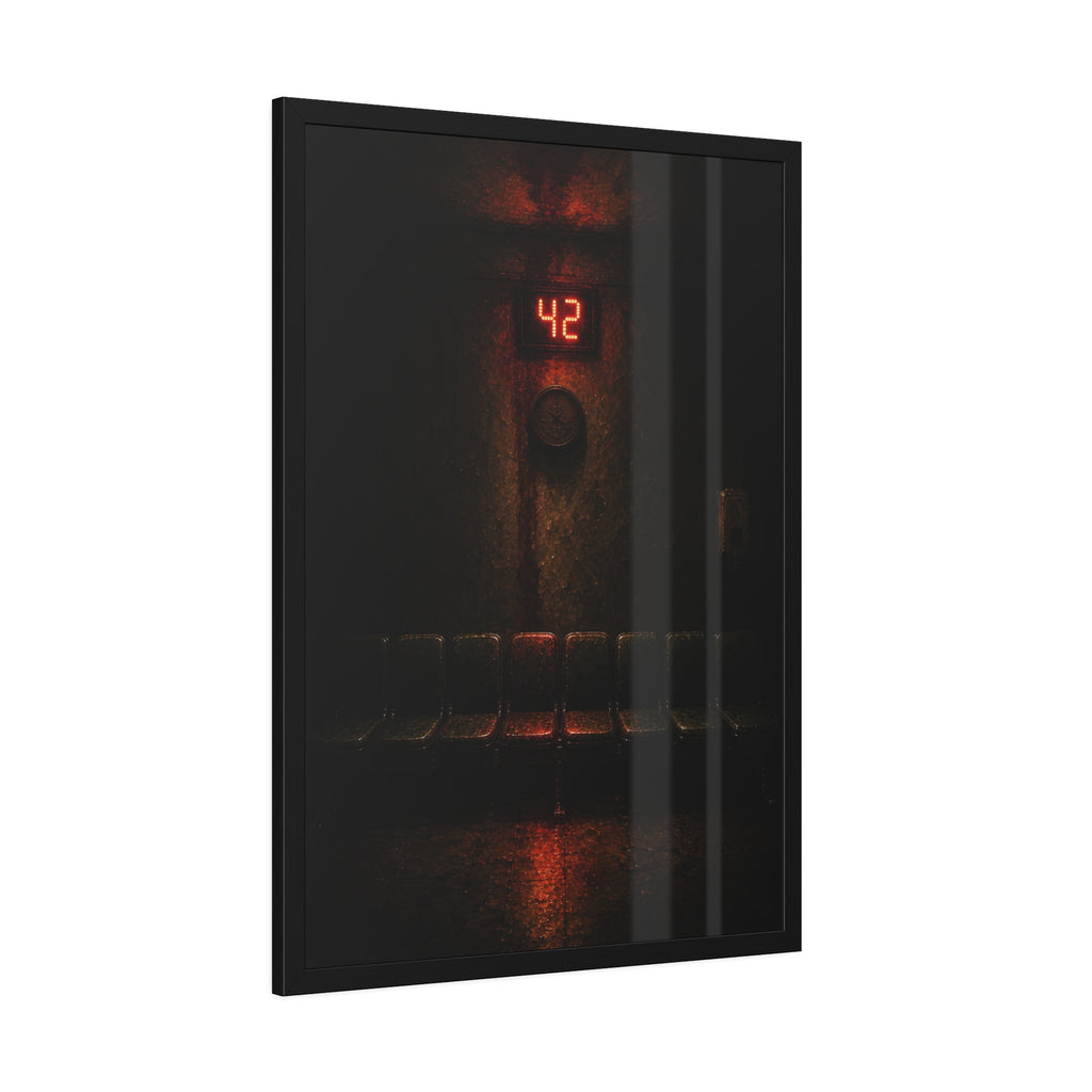 A red number display glowing above an empty row of waiting room chairs. The Number Called at Last by Garabaggio, framed fine art print hanging in a room.