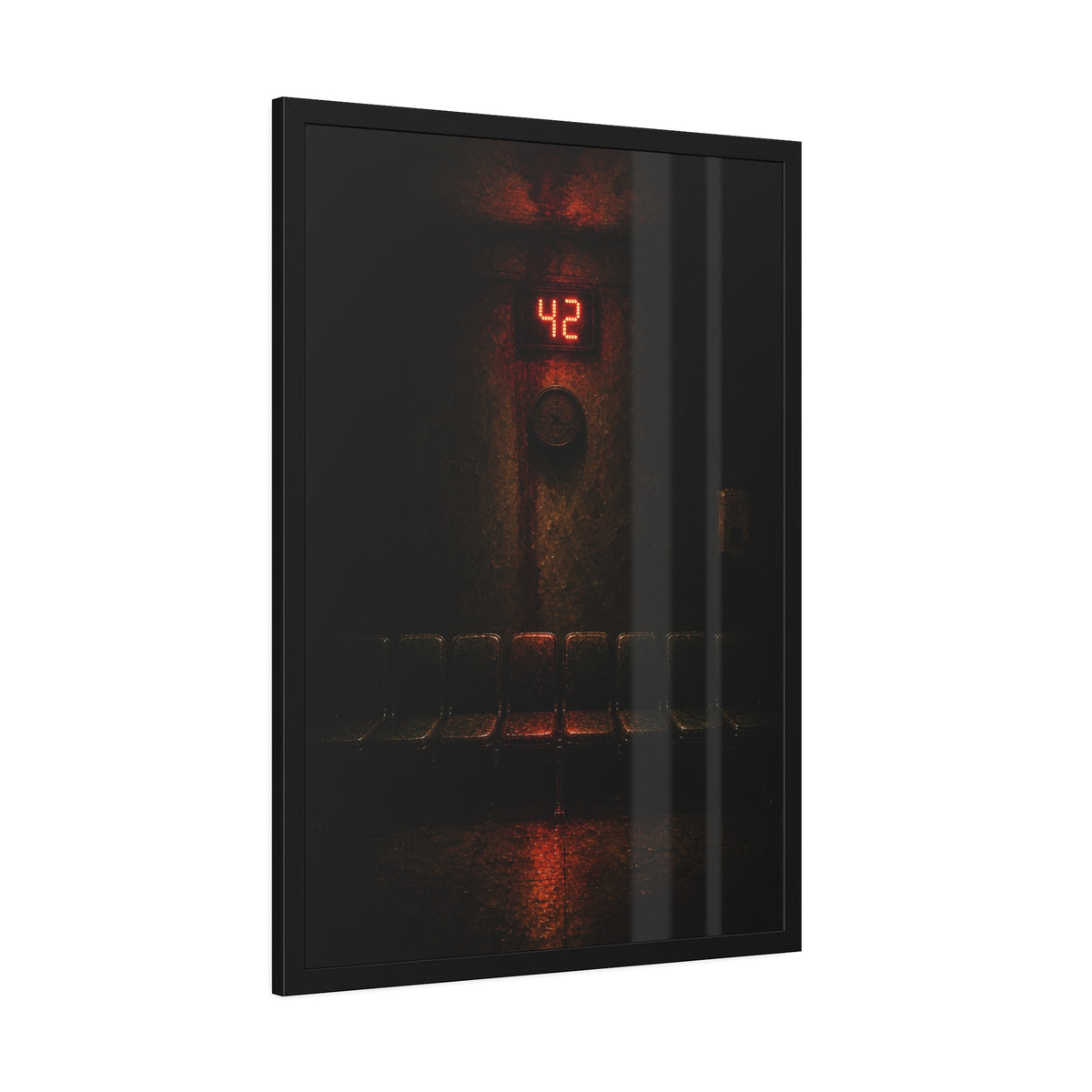 A red number display glowing above an empty row of waiting room chairs. The Number Called at Last by Garabaggio, framed fine art print hanging in a room.