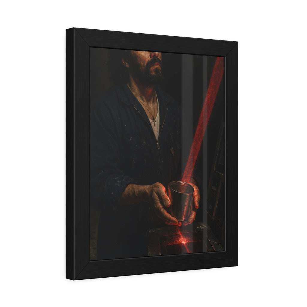 A man in blue coveralls holding a metal cup in a red scanner beam. The First Scan by Garabaggio, framed fine art print hanging in a room.