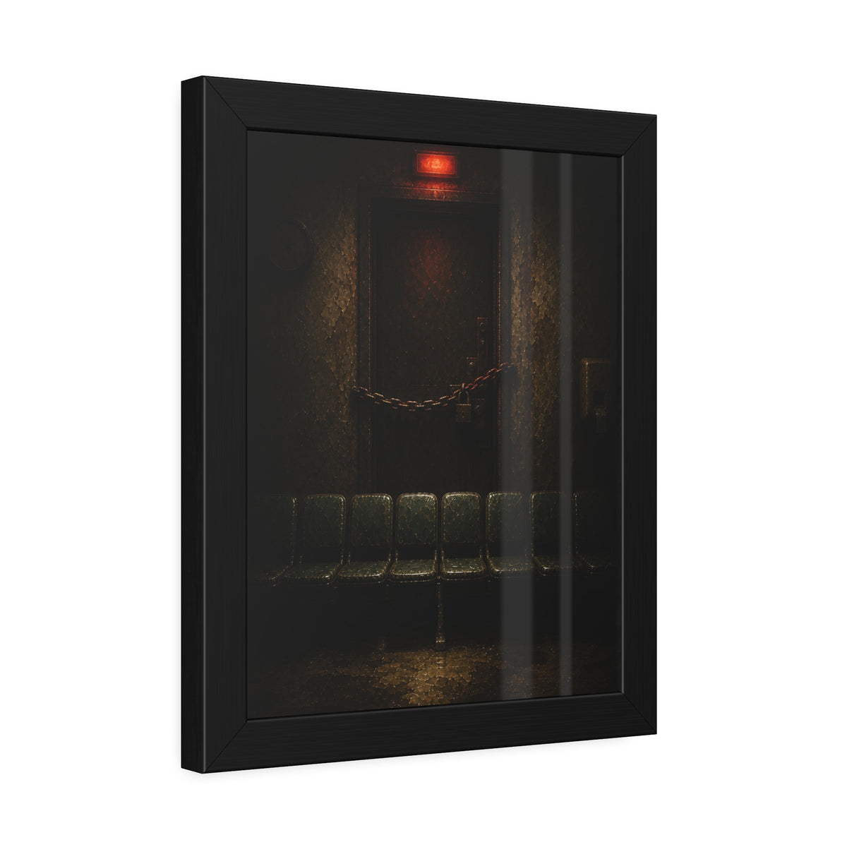 Chained waiting room door under a red exit light, empty seats below. After Closing by Garabaggio, framed fine art print hanging in a room.