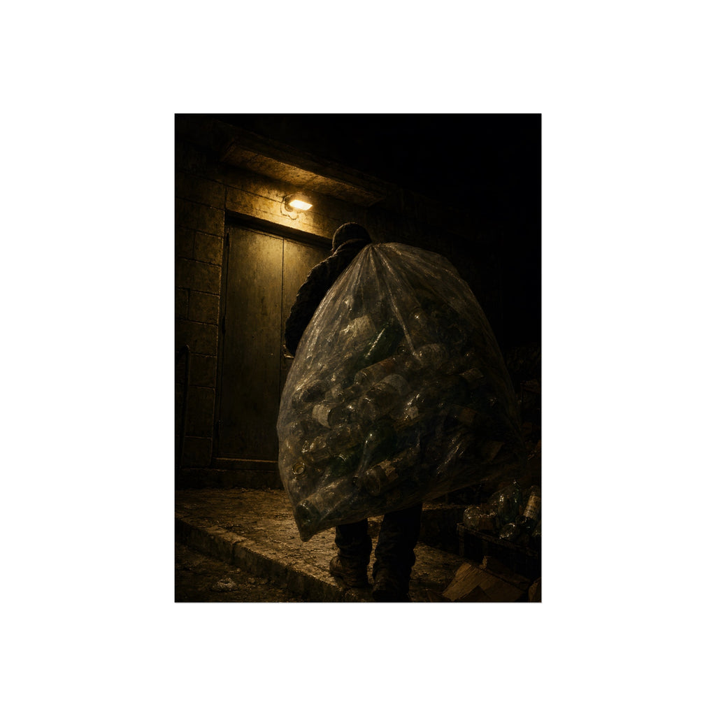 A man carrying a huge bag of bottles past a lit doorway at night. The Bag Carried Before Dawn by Garabaggio, fine art print, 12″ x 16″.