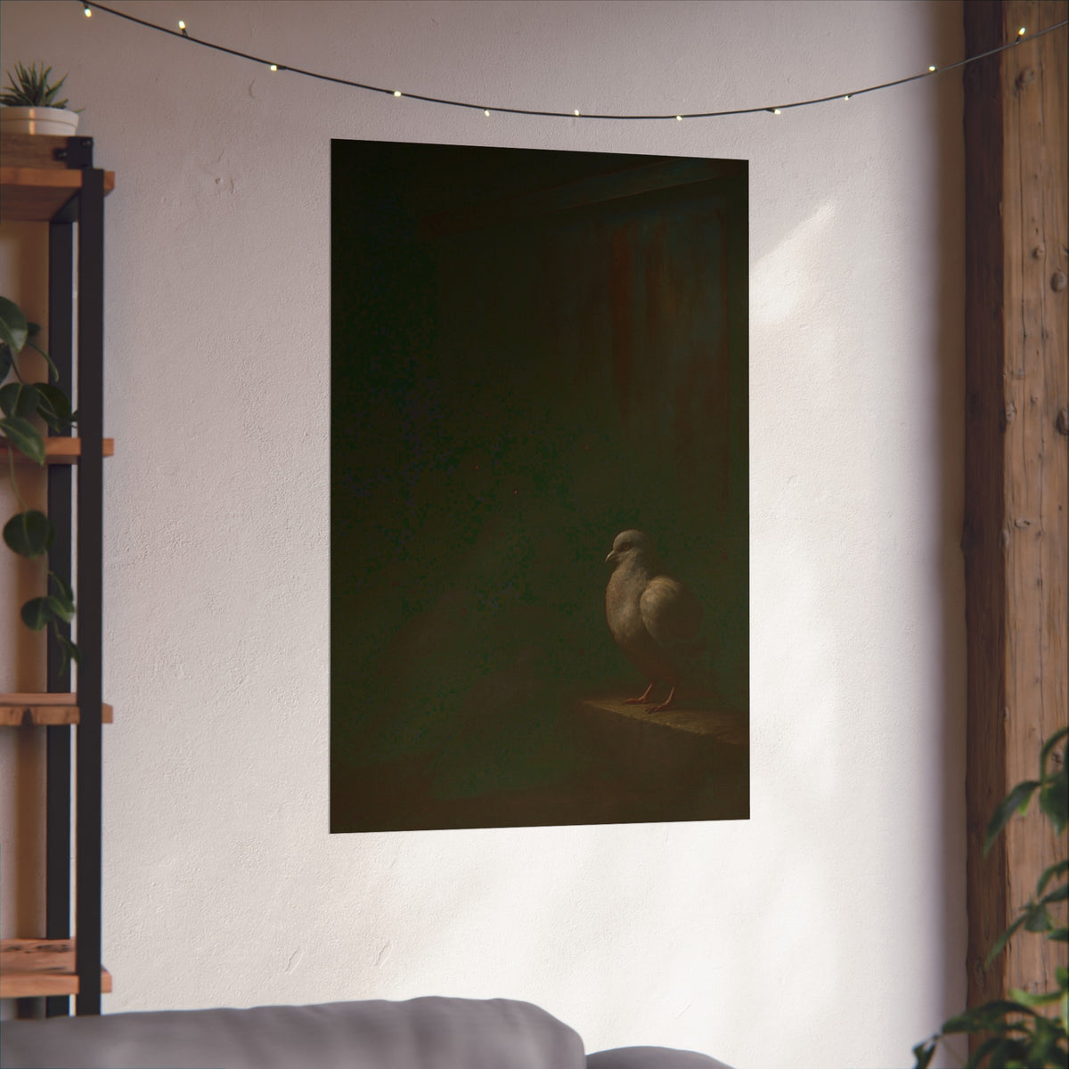 A pale pigeon on a ledge, a dark flock watching from the shadows behind. The Vigil Before the Ascension by Garabaggio, fine art print hanging in a room.