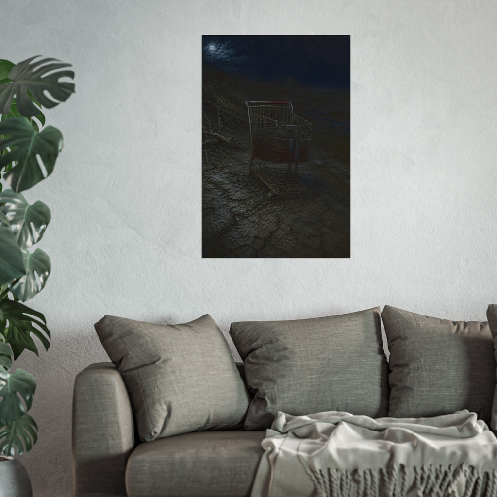 A rusted shopping cart sunk in cracked dried mud under a full moon. The Silting by Garabaggio, fine art print hanging in a room.