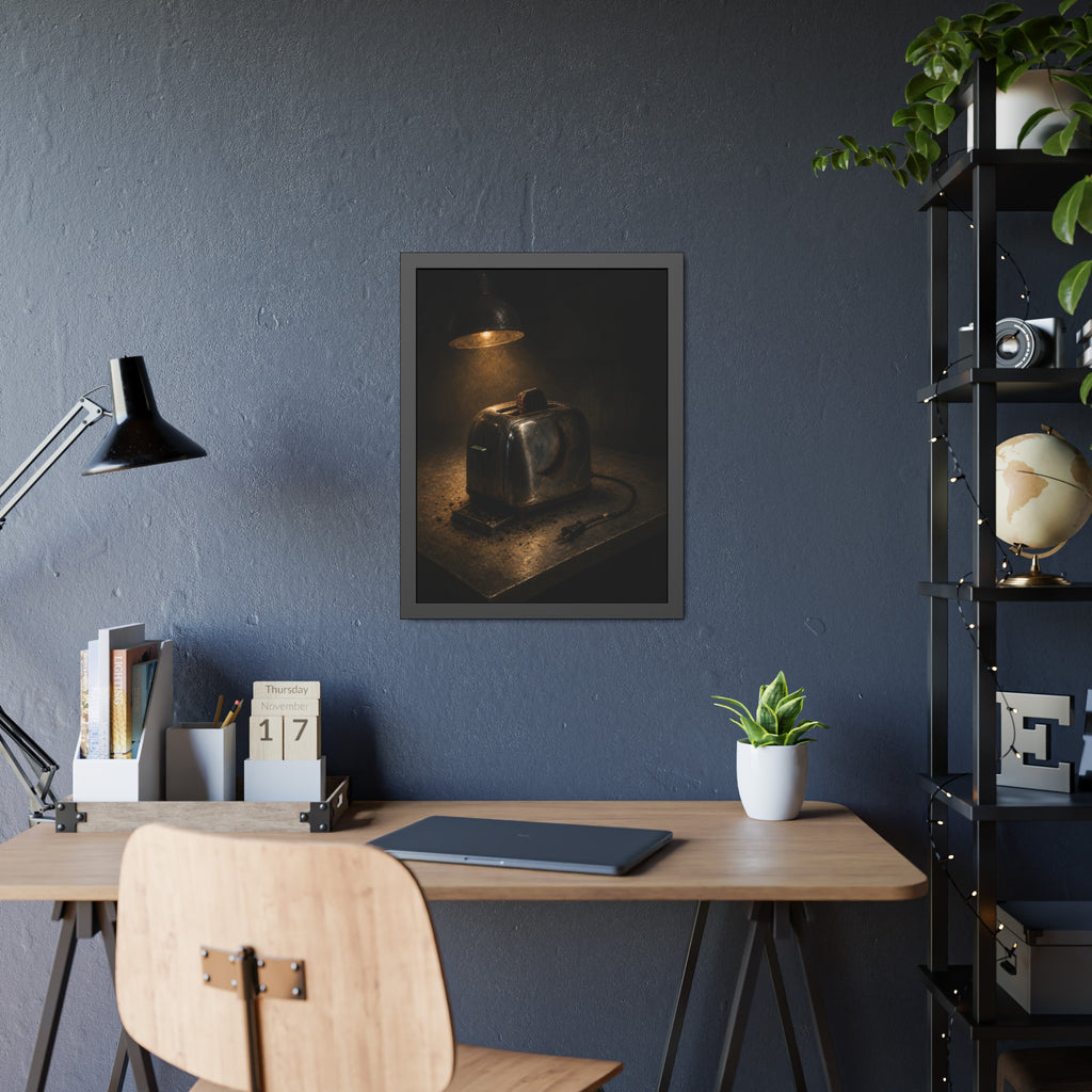 A scorched toaster under a work lamp, burnt toast standing in its slot. The Table of Examination by Garabaggio, framed fine art print hanging in a room.