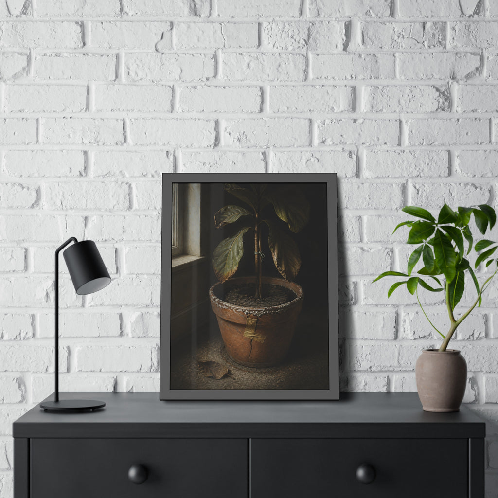 A drooping potted plant in a cracked terracotta pot beside a window. The Missed Watering by Garabaggio, framed fine art print hanging in a room.